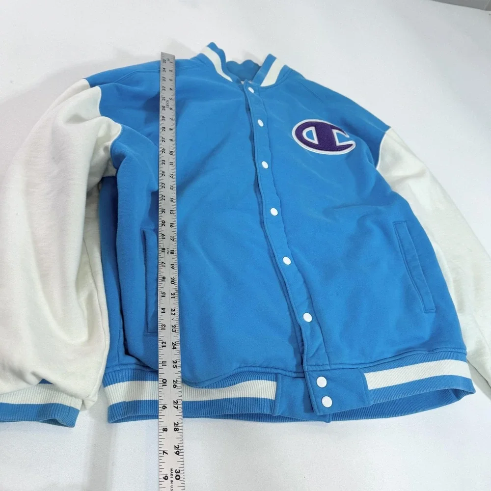 Champion Jacket Mens 3XL Blue White Varsity Letterman Snap Quilted Lined Fleece